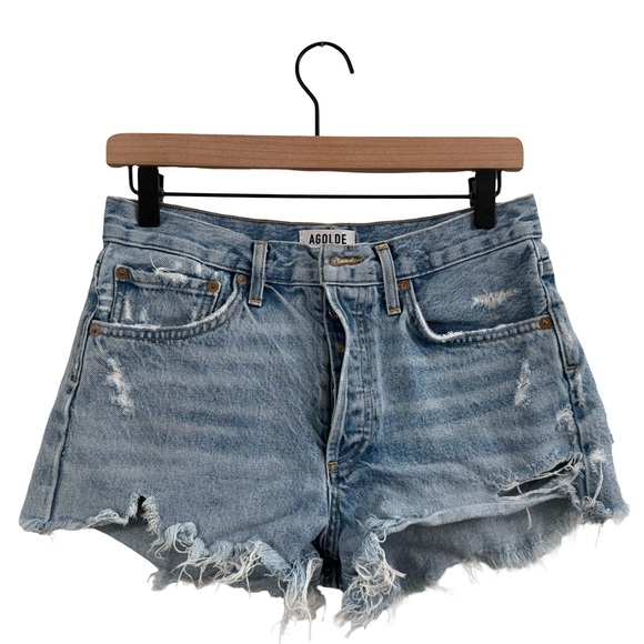 Agolde Faded Blue Ripped Jean Shorts - Picture 2 of 9